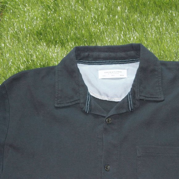 Denim & Flower Men's Navy Button Up Polo Shirt - Size Large - Picture 2 of 11